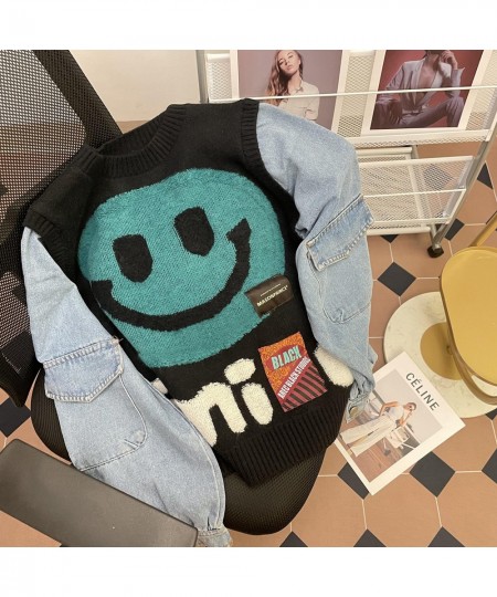 Smiling Face Loose Sweater Tops Women Denim Sleeve Round Neck Pullover Jumpers Winter Fashion Streetwear Stylish Chic Knitwea...