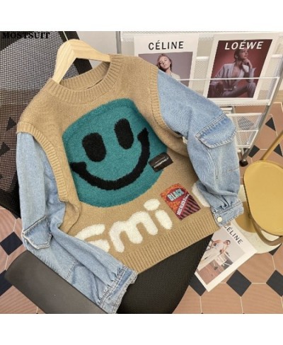 Smiling Face Loose Sweater Tops Women Denim Sleeve Round Neck Pullover Jumpers Winter Fashion Streetwear Stylish Chic Knitwea...