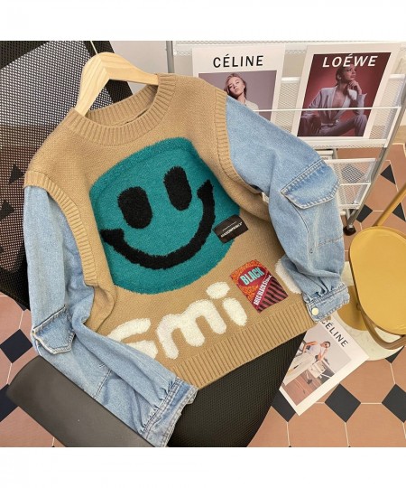 Smiling Face Loose Sweater Tops Women Denim Sleeve Round Neck Pullover Jumpers Winter Fashion Streetwear Stylish Chic Knitwea...