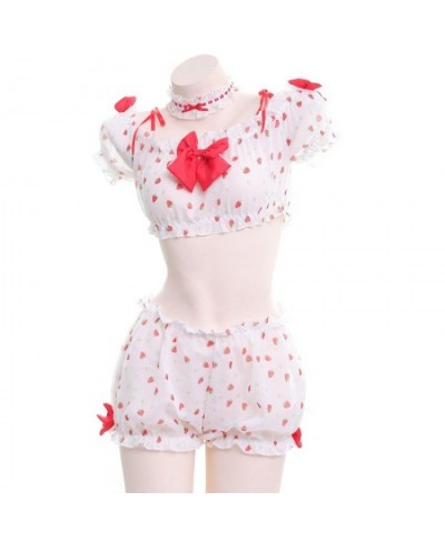 Women Sweet Strawberry Print Lingerie Set Ruffles Bowknot Crop Top Shorts Pajamas Kawaii Anime Lolita Cosplay Nightwear $25.9...