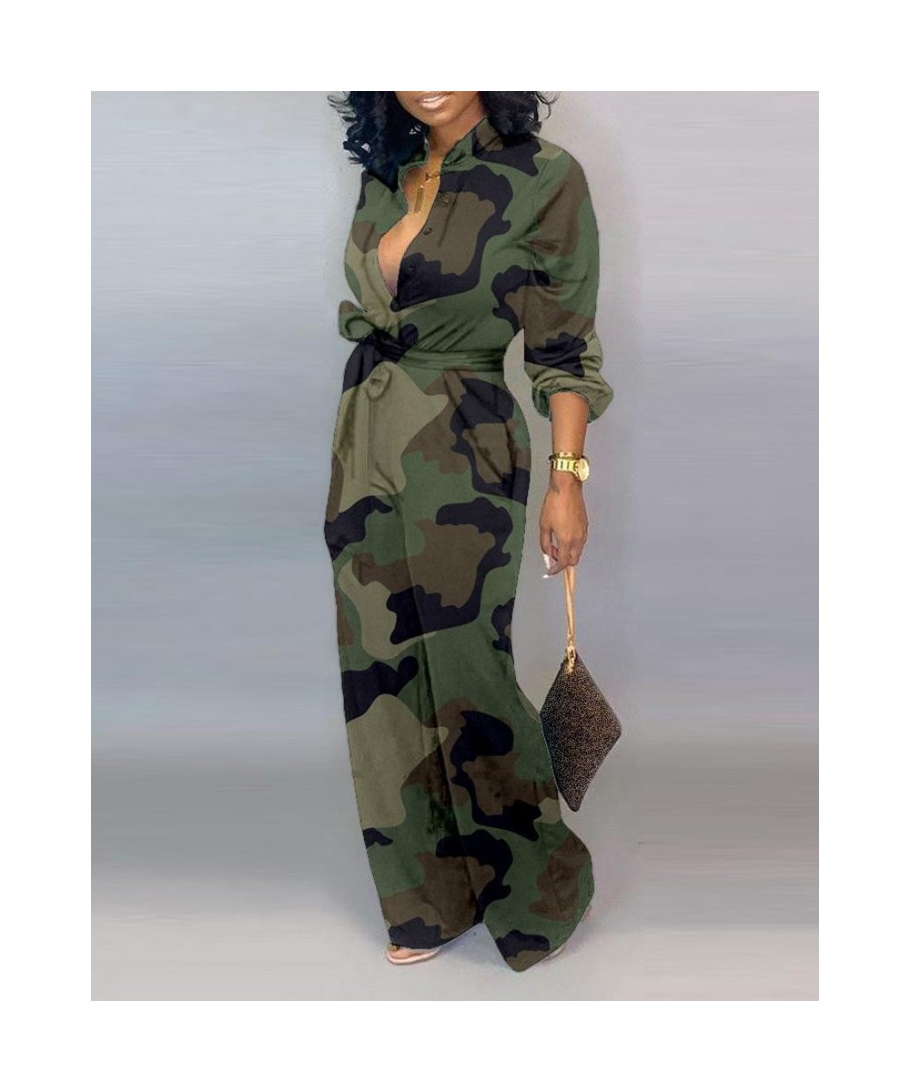 Women Camouflage Print Long Sleeve Button Jumpsuit Turn-down Neck Military Straight Sashes Romper Casual Playsuit $43.76 - Ju...