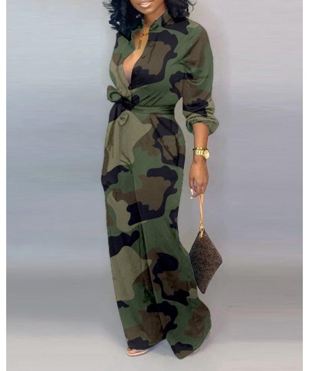 Women Camouflage Print Long Sleeve Button Jumpsuit Turn-down Neck Military Straight Sashes Romper Casual Playsuit $43.76 - Ju...