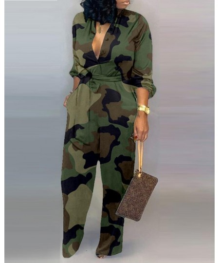 Women Camouflage Print Long Sleeve Button Jumpsuit Turn-down Neck Military Straight Sashes Romper Casual Playsuit $43.76 - Ju...