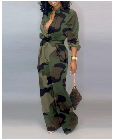 Women Camouflage Print Long Sleeve Button Jumpsuit Turn-down Neck Military Straight Sashes Romper Casual Playsuit $43.76 - Ju...