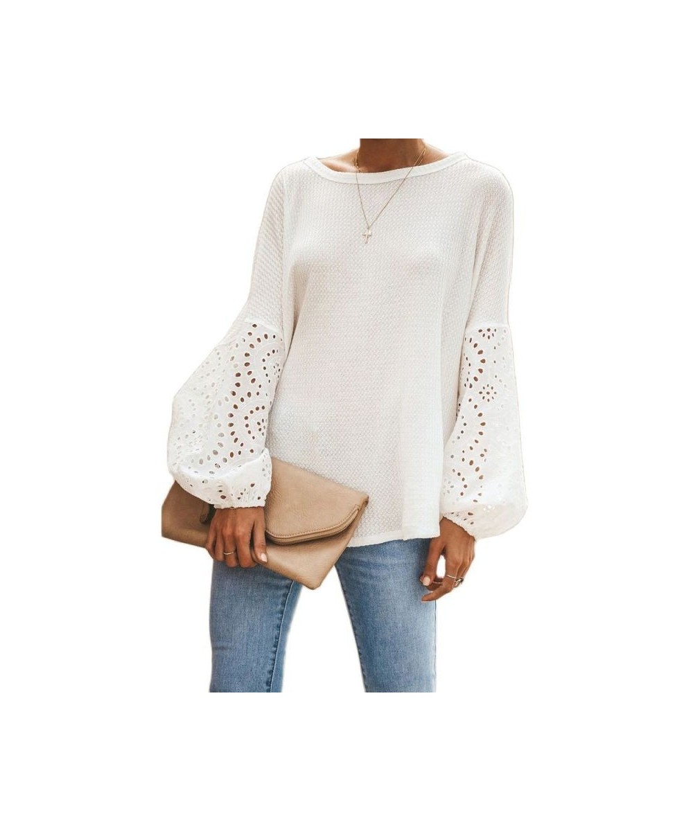 Women's O-Neck Baggy Going Out Tops Solid Hollow Out Blouse Shirt Lantern Long Sleeve Tops Casual Loose Blusas Plus Size $31....