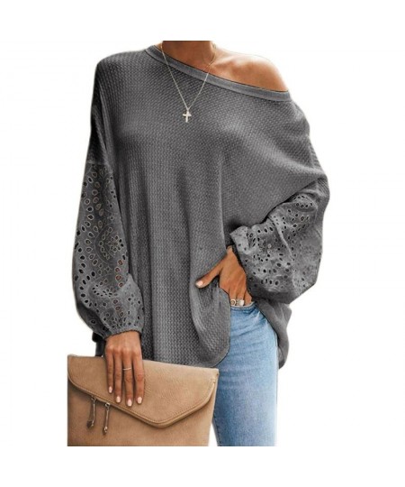 Women's O-Neck Baggy Going Out Tops Solid Hollow Out Blouse Shirt Lantern Long Sleeve Tops Casual Loose Blusas Plus Size $31....