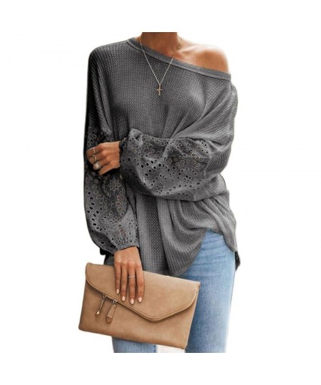 Women's O-Neck Baggy Going Out Tops Solid Hollow Out Blouse Shirt Lantern Long Sleeve Tops Casual Loose Blusas Plus Size $31....