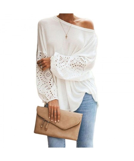 Women's O-Neck Baggy Going Out Tops Solid Hollow Out Blouse Shirt Lantern Long Sleeve Tops Casual Loose Blusas Plus Size $31....