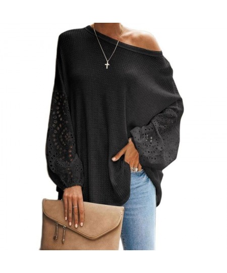 Women's O-Neck Baggy Going Out Tops Solid Hollow Out Blouse Shirt Lantern Long Sleeve Tops Casual Loose Blusas Plus Size $31....