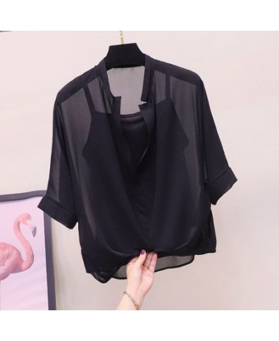 2023 Blouse Women Two Piece Set Chiffon Shirts Summer Half Sleeve Loose Women Casual Blouse Sexy Plus Size Striped Tops $30.9...