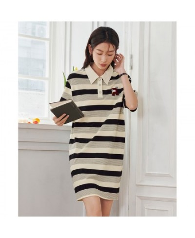 Women Dress 2023 Summer Short Sleeve Polo Neck with Buttons Loose Stripe Preppy Style Cute Chic Mid-length Skirt $50.49 - Dre...