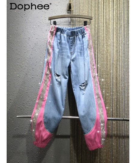 Rhinestone Color Matching Ankle-Tied Harem Jeans Women Elastic Waist Slimming Denim Baggy Pants 2023 Summer New Pantalones $8...