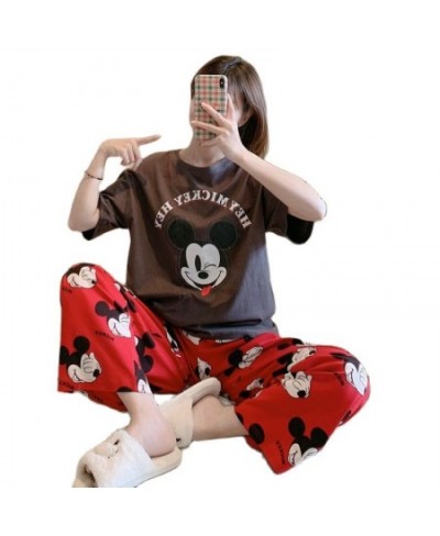 Anime Cartoon Mickey Mouse Soft Pajamas 2 Piece Set Women Short Sleeve Pullover and Pants Casual Homewear Sets De Pijama $34....