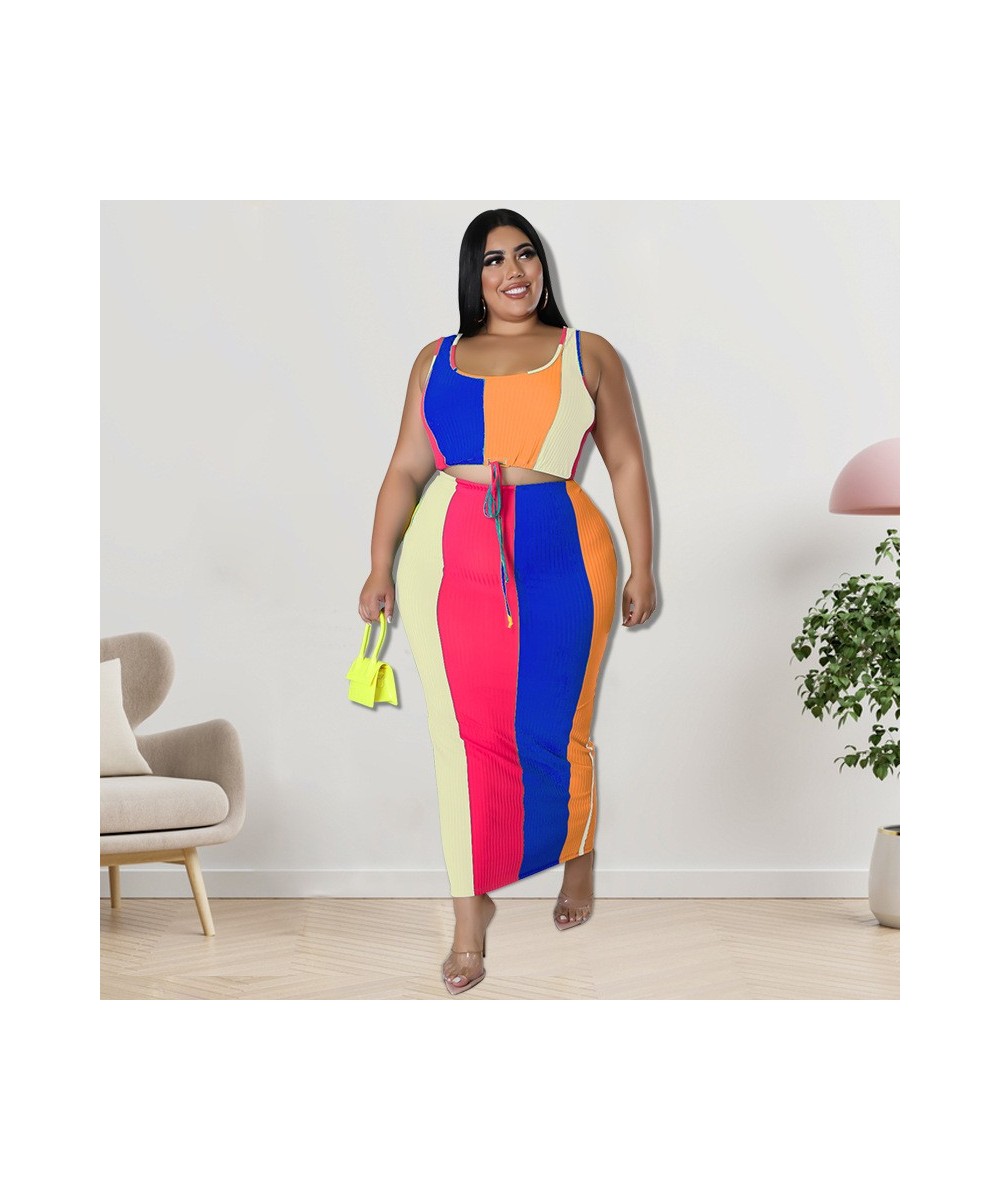 Plus Size Striped Skirt Set Sleeveless Crop Tank and Long Skirts Suit Stretchy Casual Elegant Women Two 2 Piece Set $43.65 - ...