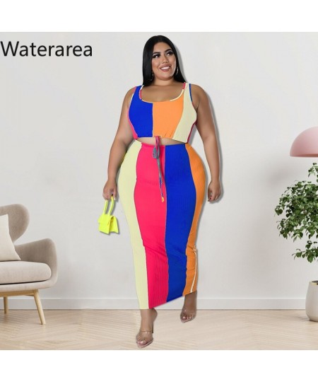 Plus Size Striped Skirt Set Sleeveless Crop Tank and Long Skirts Suit Stretchy Casual Elegant Women Two 2 Piece Set $43.65 - ...