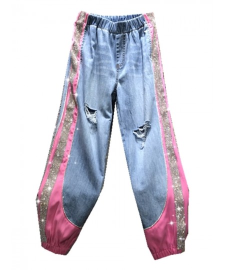 Rhinestone Color Matching Ankle-Tied Harem Jeans Women Elastic Waist Slimming Denim Baggy Pants 2023 Summer New Pantalones $8...