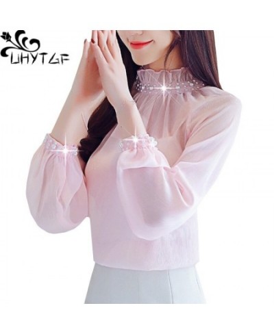 Fashion woman blouses beading chiffon Long Sleeve Spring Tops shirt Women Stitching lace elegant ladies short shirts 1497 $36...