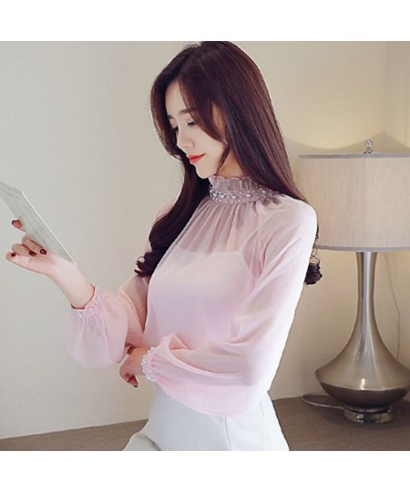 Fashion woman blouses beading chiffon Long Sleeve Spring Tops shirt Women Stitching lace elegant ladies short shirts 1497 $36...