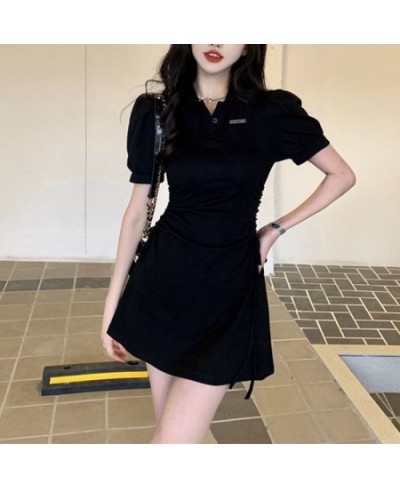 Korean Sweet Elegant Polo Collar Dresses Girls Pink Puff Sleeve Draw String Mini Dress Summer Women Sexy Slim short Sleeve $2...