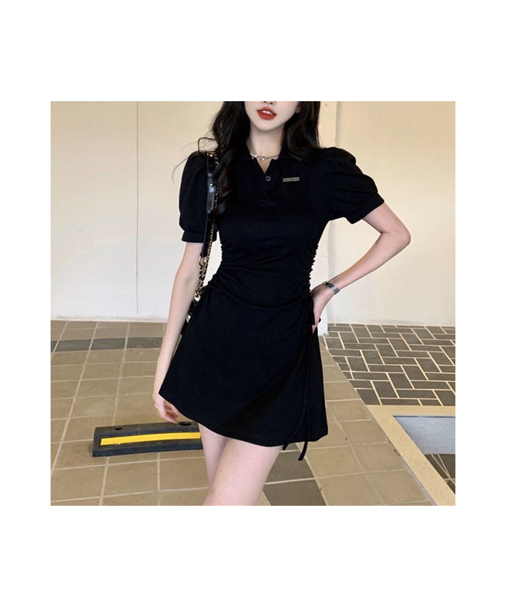 Korean Sweet Elegant Polo Collar Dresses Girls Pink Puff Sleeve Draw String Mini Dress Summer Women Sexy Slim short Sleeve $2...