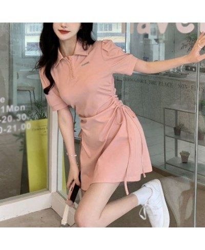 Korean Sweet Elegant Polo Collar Dresses Girls Pink Puff Sleeve Draw String Mini Dress Summer Women Sexy Slim short Sleeve $2...