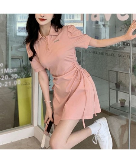 Korean Sweet Elegant Polo Collar Dresses Girls Pink Puff Sleeve Draw String Mini Dress Summer Women Sexy Slim short Sleeve $2...