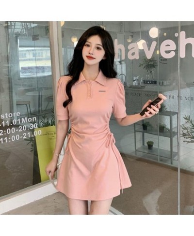 Korean Sweet Elegant Polo Collar Dresses Girls Pink Puff Sleeve Draw String Mini Dress Summer Women Sexy Slim short Sleeve $2...