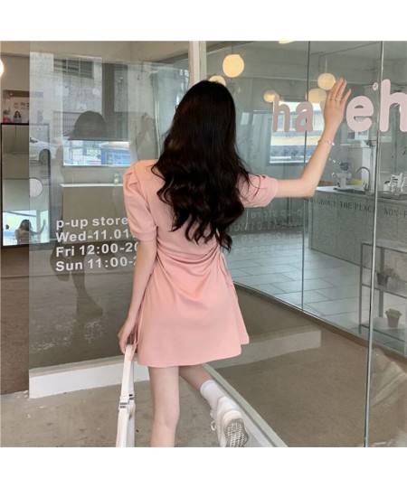 Korean Sweet Elegant Polo Collar Dresses Girls Pink Puff Sleeve Draw String Mini Dress Summer Women Sexy Slim short Sleeve $2...