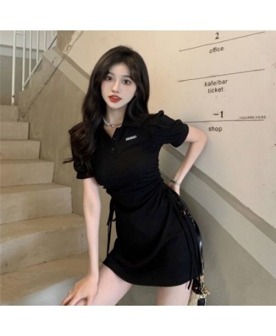 Korean Sweet Elegant Polo Collar Dresses Girls Pink Puff Sleeve Draw String Mini Dress Summer Women Sexy Slim short Sleeve $2...