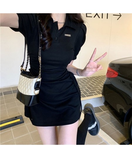 Korean Sweet Elegant Polo Collar Dresses Girls Pink Puff Sleeve Draw String Mini Dress Summer Women Sexy Slim short Sleeve $2...