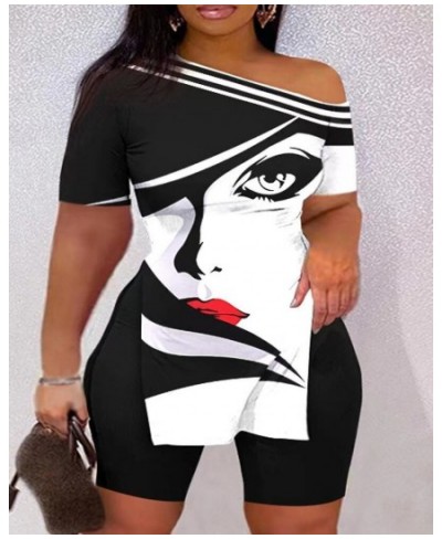 Summer Fashion Printing Two Piece Set Women Casual Large Size Off-shoulder Split Tshirt Shorts Pants Two Piece Suit Women $41...