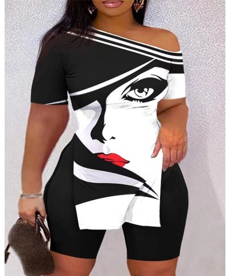 Summer Fashion Printing Two Piece Set Women Casual Large Size Off-shoulder Split Tshirt Shorts Pants Two Piece Suit Women $41...