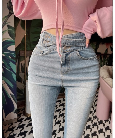 Streetwear Jeans for Women Light Blue Lace-up High Waisted Pencil Pants Mom Elastic Denim Korean Sexy Pantalones Ladies Botto...