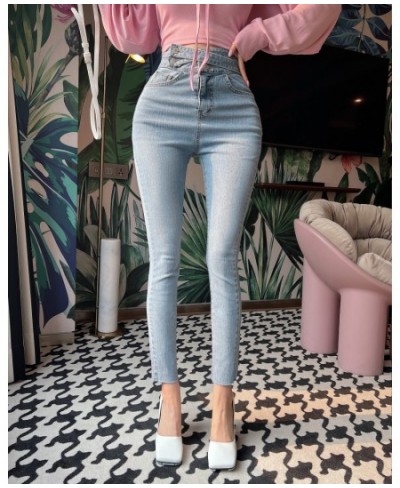 Streetwear Jeans for Women Light Blue Lace-up High Waisted Pencil Pants Mom Elastic Denim Korean Sexy Pantalones Ladies Botto...