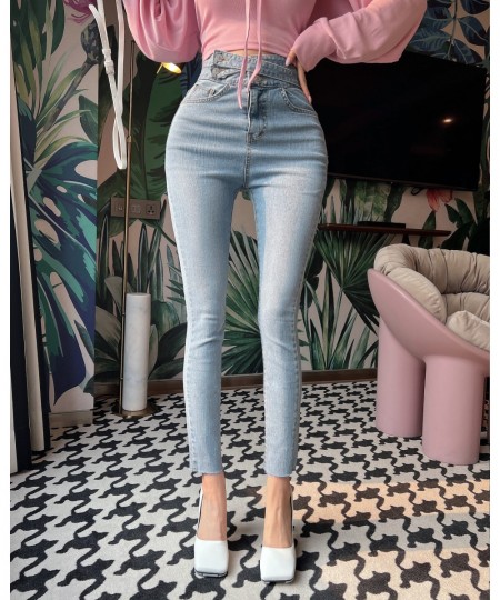 Streetwear Jeans for Women Light Blue Lace-up High Waisted Pencil Pants Mom Elastic Denim Korean Sexy Pantalones Ladies Botto...