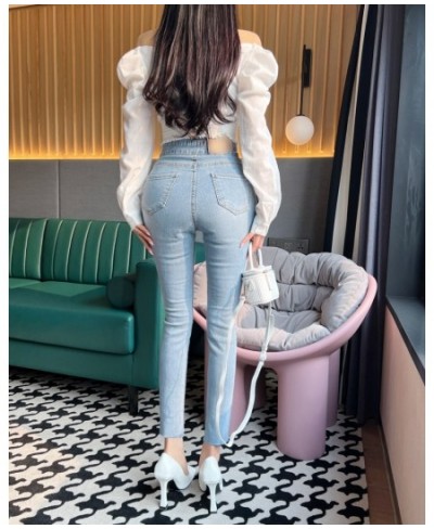 Streetwear Jeans for Women Light Blue Lace-up High Waisted Pencil Pants Mom Elastic Denim Korean Sexy Pantalones Ladies Botto...