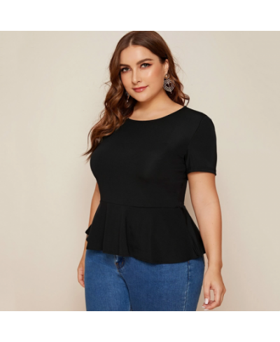 Plus Size Ruffle Hem Elegant Summer Casual Top Women Short Sleeve Keyhole Back Solid Black Blouse Female Large Size T-shirt T...