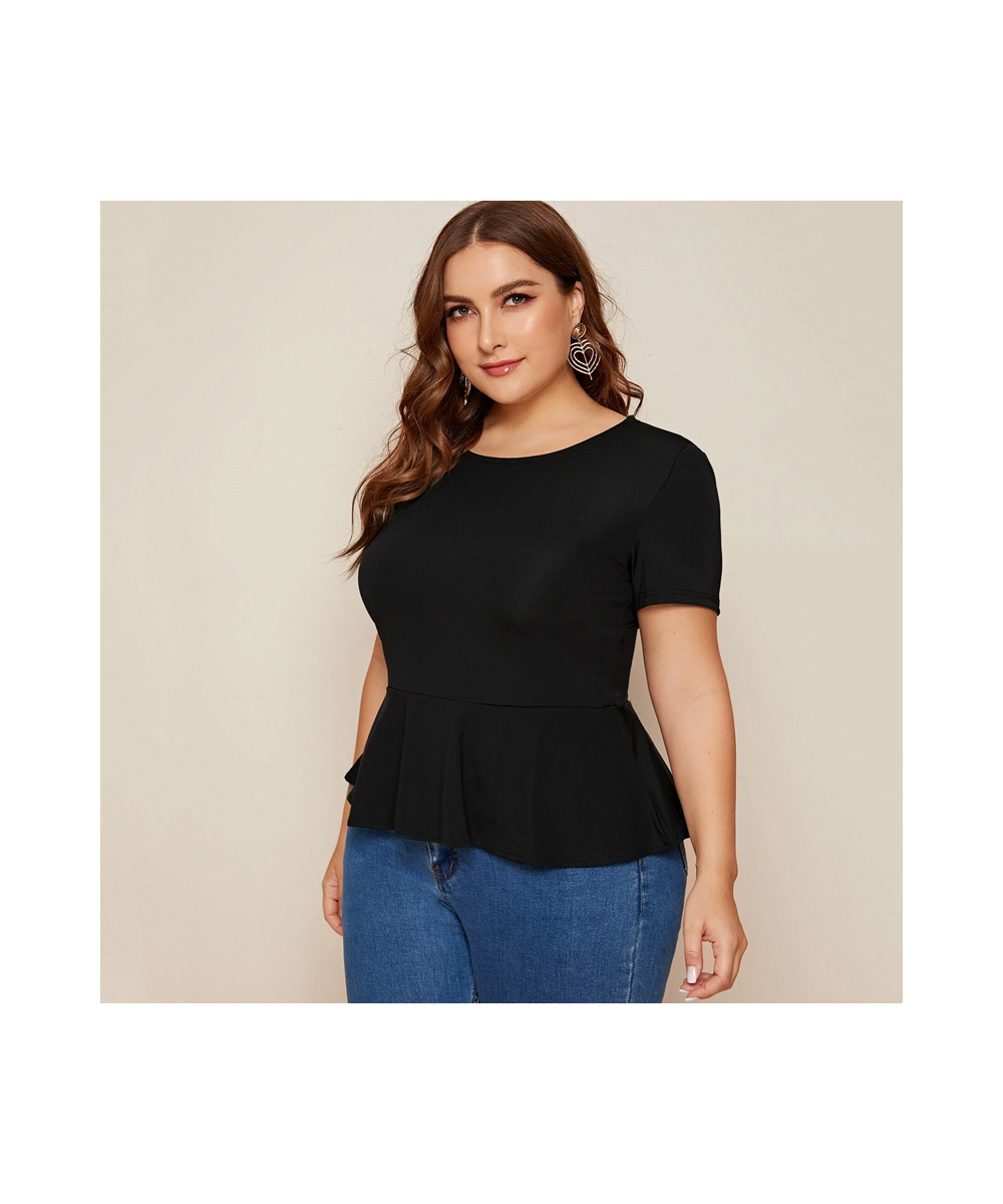 Plus Size Ruffle Hem Elegant Summer Casual Top Women Short Sleeve Keyhole Back Solid Black Blouse Female Large Size T-shirt T...