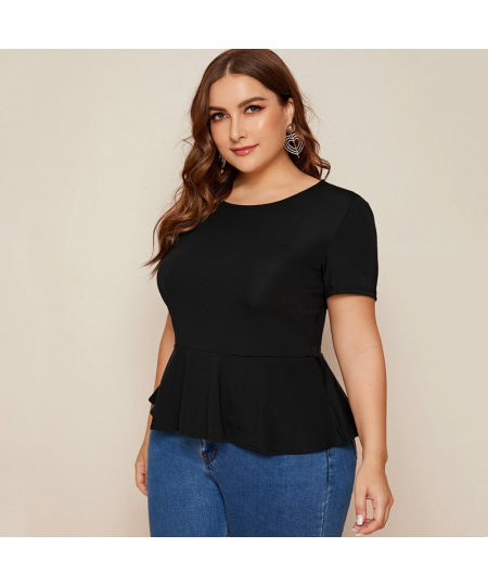 Plus Size Ruffle Hem Elegant Summer Casual Top Women Short Sleeve Keyhole Back Solid Black Blouse Female Large Size T-shirt T...