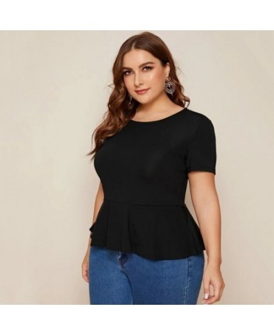 Plus Size Ruffle Hem Elegant Summer Casual Top Women Short Sleeve Keyhole Back Solid Black Blouse Female Large Size T-shirt T...