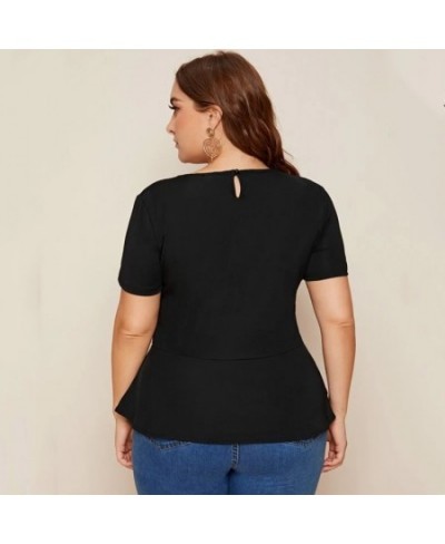 Plus Size Ruffle Hem Elegant Summer Casual Top Women Short Sleeve Keyhole Back Solid Black Blouse Female Large Size T-shirt T...