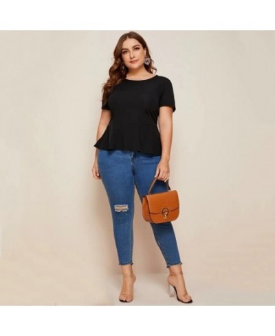 Plus Size Ruffle Hem Elegant Summer Casual Top Women Short Sleeve Keyhole Back Solid Black Blouse Female Large Size T-shirt T...