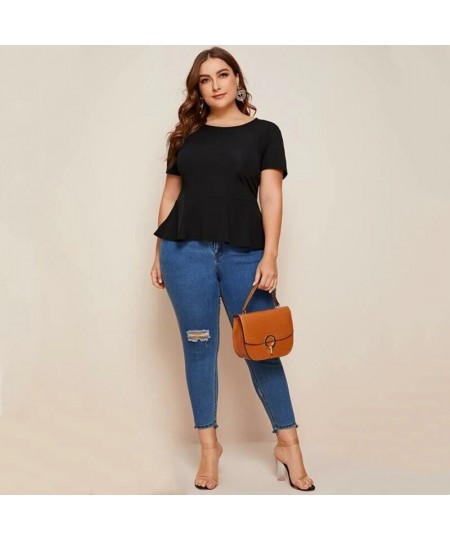 Plus Size Ruffle Hem Elegant Summer Casual Top Women Short Sleeve Keyhole Back Solid Black Blouse Female Large Size T-shirt T...