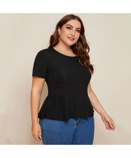 Plus Size Ruffle Hem Elegant Summer Casual Top Women Short Sleeve Keyhole Back Solid Black Blouse Female Large Size T-shirt T...