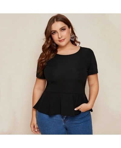 Plus Size Ruffle Hem Elegant Summer Casual Top Women Short Sleeve Keyhole Back Solid Black Blouse Female Large Size T-shirt T...