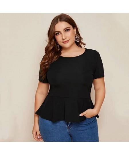 Plus Size Ruffle Hem Elegant Summer Casual Top Women Short Sleeve Keyhole Back Solid Black Blouse Female Large Size T-shirt T...