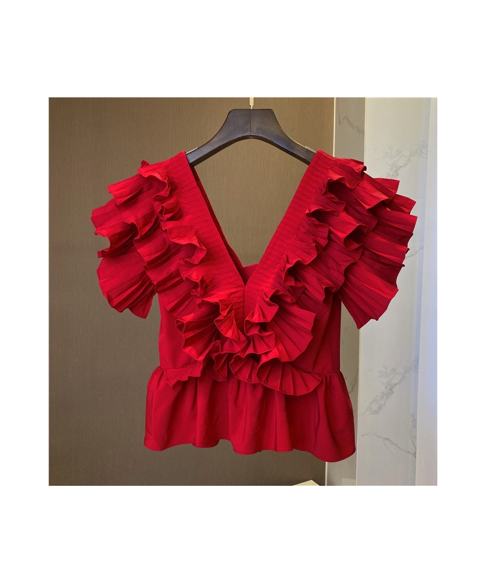 2022 Summer Fashion Women Ruffles Red Blouse Deep V Neck Sleeveless Lady Folds Tops $81.50 - Women Tops