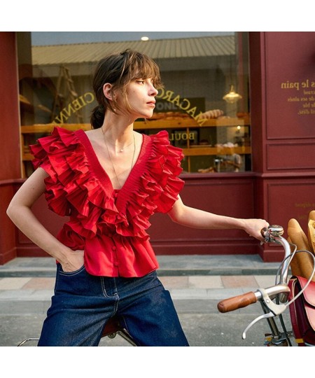 2022 Summer Fashion Women Ruffles Red Blouse Deep V Neck Sleeveless Lady Folds Tops $81.50 - Women Tops