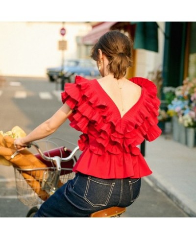 2022 Summer Fashion Women Ruffles Red Blouse Deep V Neck Sleeveless Lady Folds Tops $81.50 - Women Tops