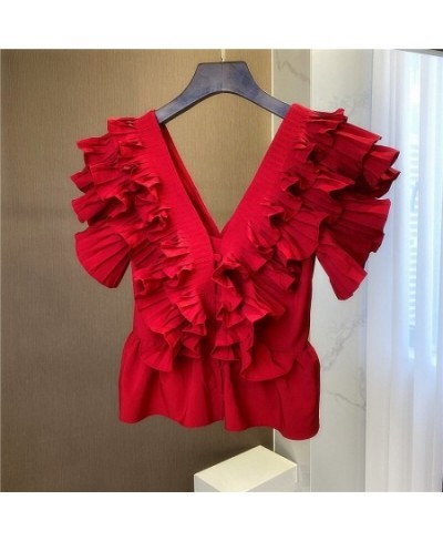 2022 Summer Fashion Women Ruffles Red Blouse Deep V Neck Sleeveless Lady Folds Tops $81.50 - Women Tops